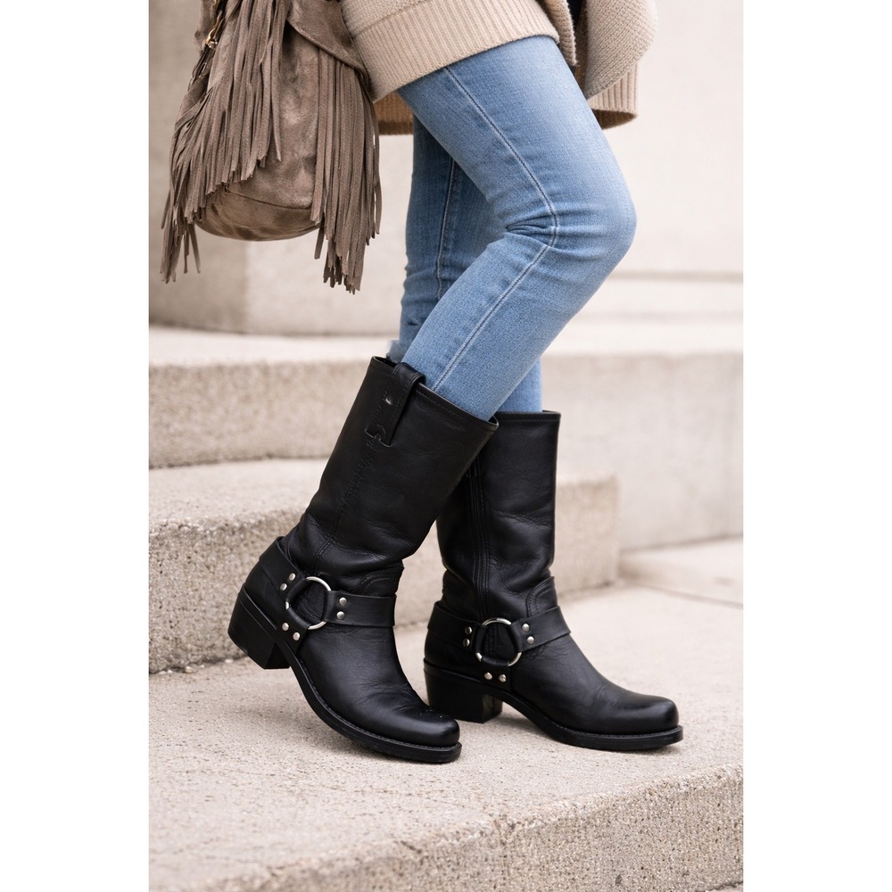 Frye Harness Boots Womens 8 Black Leather Mid Calf Silver Hardware USA 87350